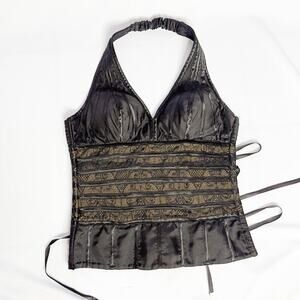 Fredrick’s of Hollywood Pin-Up Retro Lace Satin Halter Top – Black & Brown